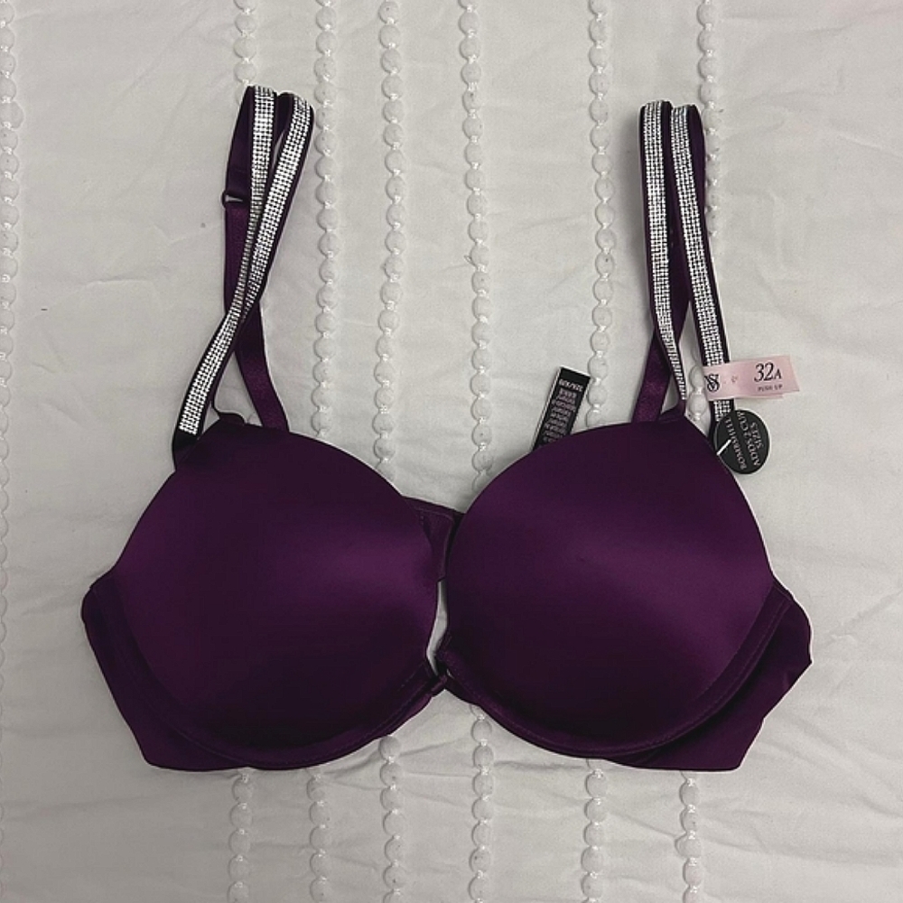 💜 NWT VICTORIA'S SECRET 32A BOMBSHELL DOUBLE STRAP PUSH UP RHINESTONE BRA